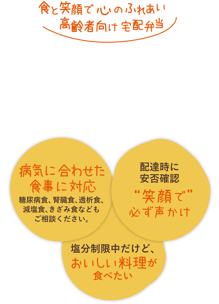 糖質制限中だけど、おいしい料理がたべたい。病気に合わせた食事に対応。糖尿病食、肝臓病食、透析食、減塩食、きざみ食などもご相談ください。配達時に安否確認。”笑顔で”必ず声かけ