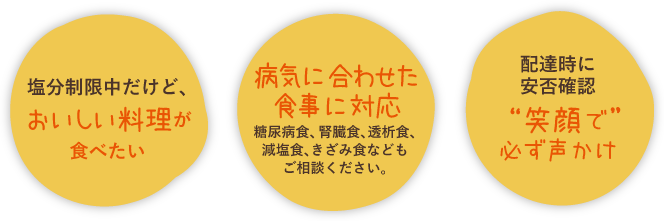 糖質制限中だけど、おいしい料理がたべたい。病気に合わせた食事に対応。糖尿病食、肝臓病食、透析食、減塩食、きざみ食などもご相談ください。配達時に安否確認。”笑顔で”必ず声かけ